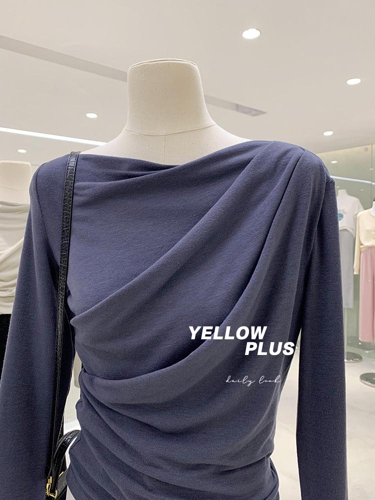 New 2024 Off-Shoulder Ruched Long-Sleeve T-Shirt, Rayon 1x1, 260g, High-End.