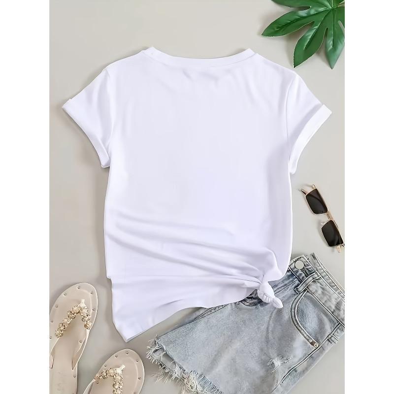 European Size Women's  Vintage - Letter Print T-Shirt - Short Sleeve Round Neck Casual Blouse with Alphabet Chart for Spring Summer Casual Attire