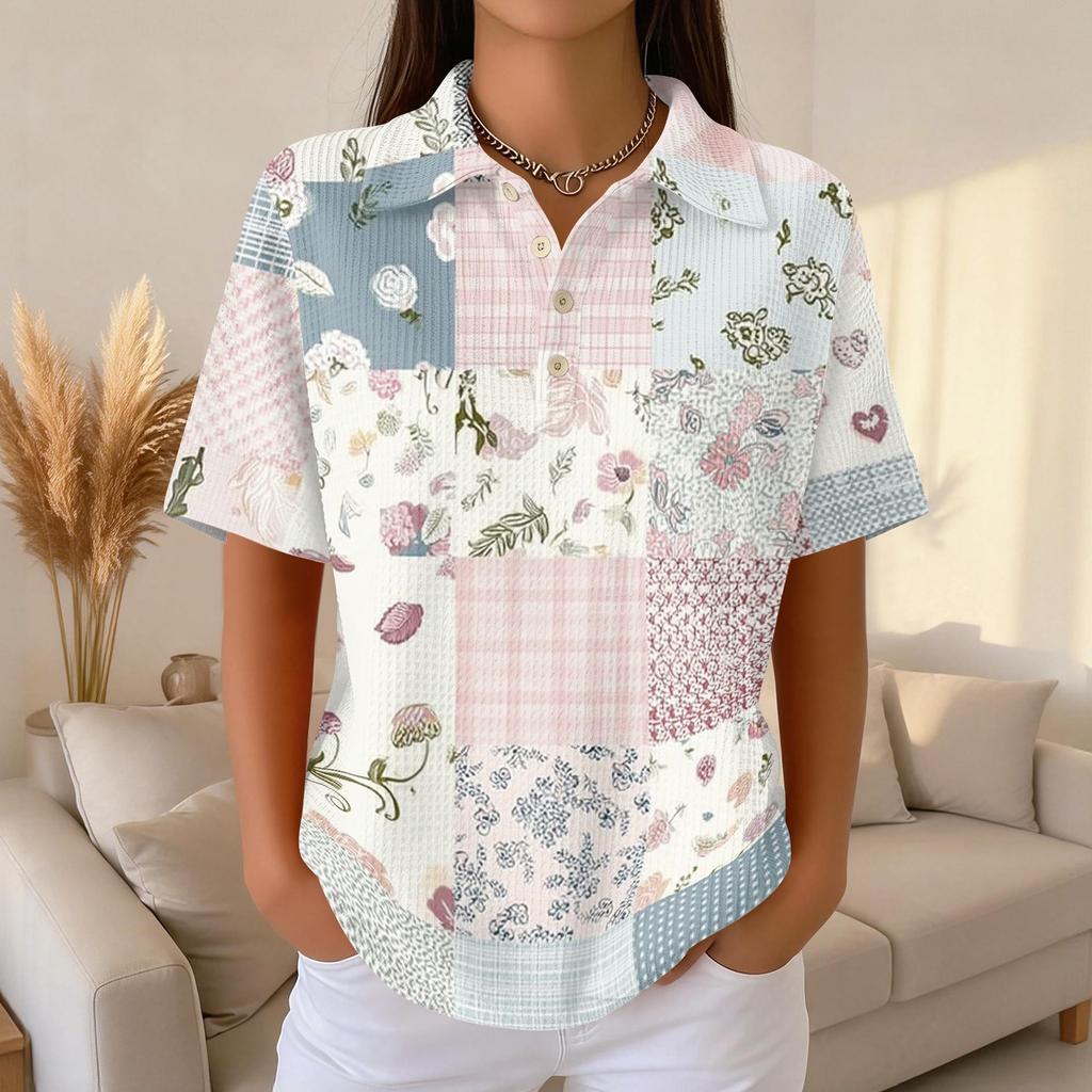 Women Fashion Casual Short Sleeve Waffle Knit Polo Collar Top with Patchwork Floral Print Loose Fit Button Down Shirt