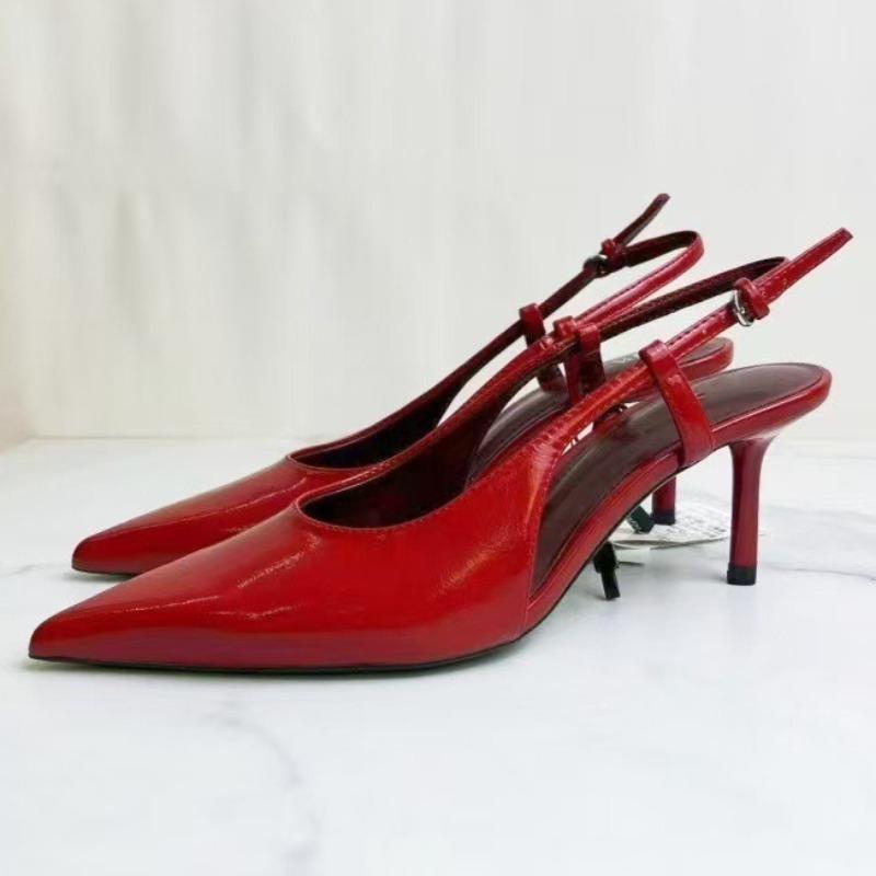 Summer High Heels Women Shoes Pointed Toe Elegant Red Patent Leather Slingbacks Trend Dress Party Stiletto  Sandals