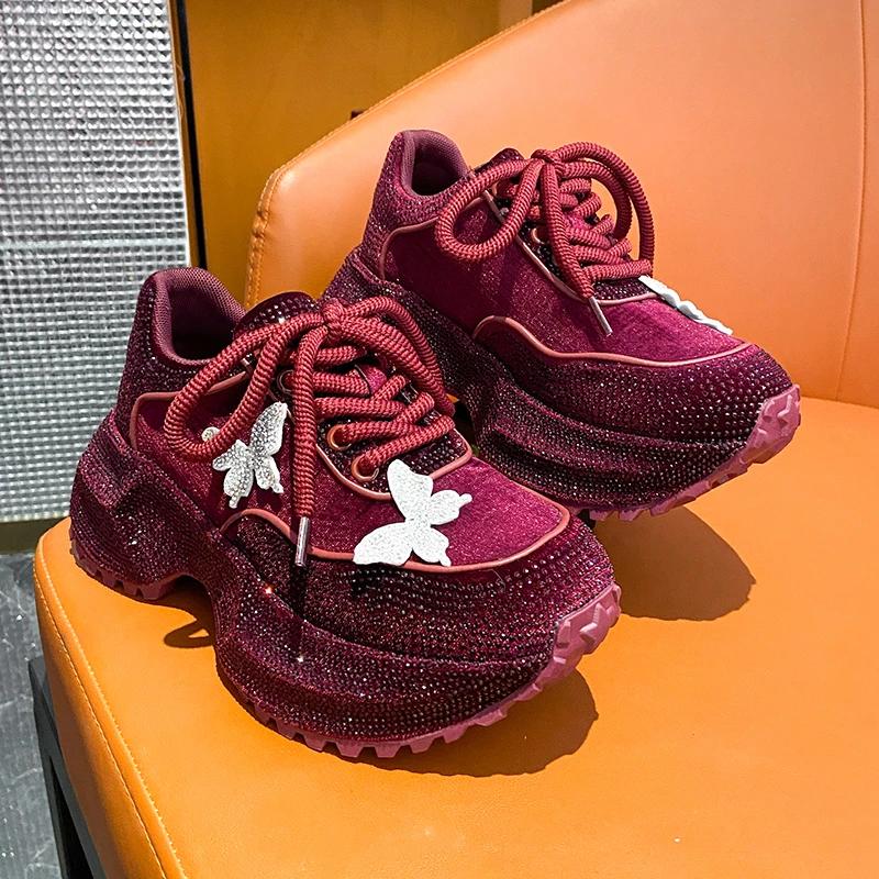 Luxury Rhinestone Butterfly Platform Sneakers Women Winter Sequin Fabric Thick Bottom Sports Shoes Designer Female Sneakers