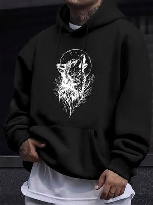 American/European Style Unisex Autumn/Winter Printed Hoodie Long-Sleeve Sweatshirt, Moonlit Night Lone Wolf On Tree Branch Sketch Hooded Print Sweatsh