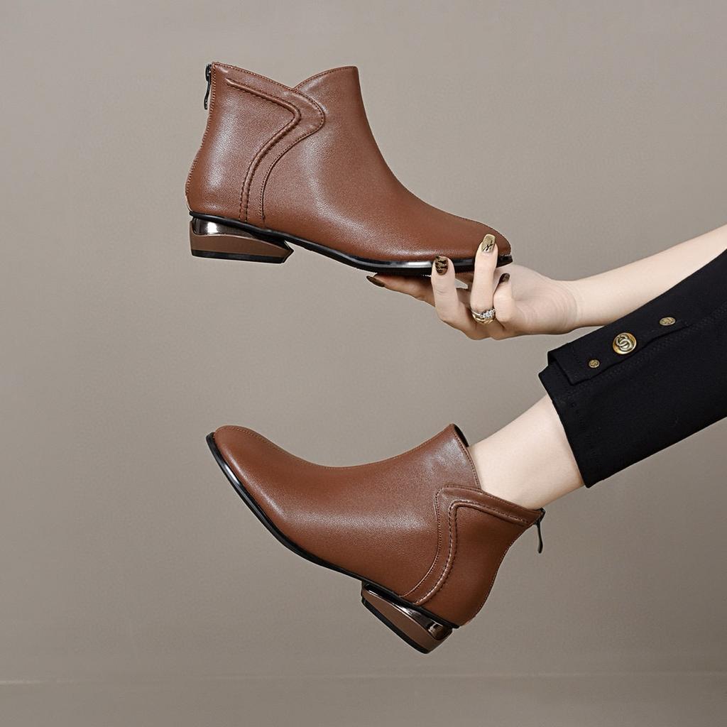 Round head short boots women's autumn and winter new low-heeled rear zipper leather boots simple temperament and thin flat-bottomed cotton boots