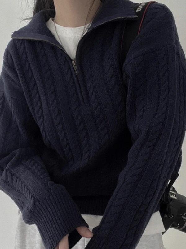 Women's Retro Wool Half-Zip Knitted Cardigan - Autumn Winter 2026