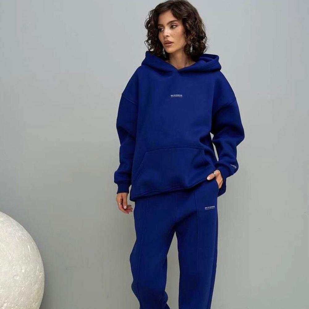 

2025 Новый повседневный бархатный свитшот с длинными рукавами и капюшоном с принтом, длинные брюки, женский комплект S