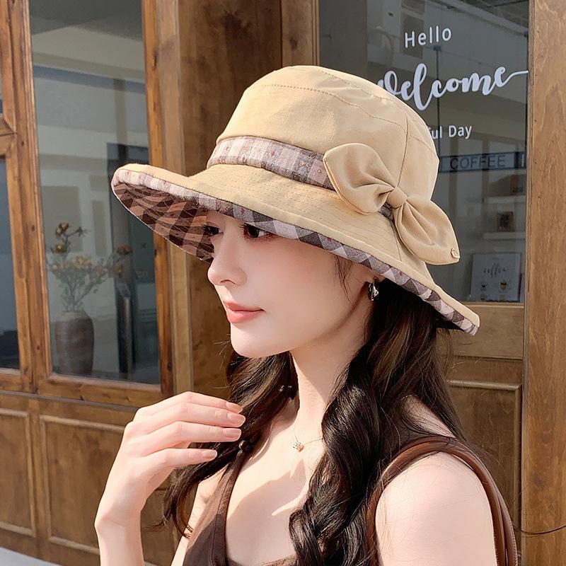Spring/Summer - Protective Hat for Women, Korean-Style Fashionable Color-Block Plaid Bucket Hat, Outdoor Travel Wide-Brim