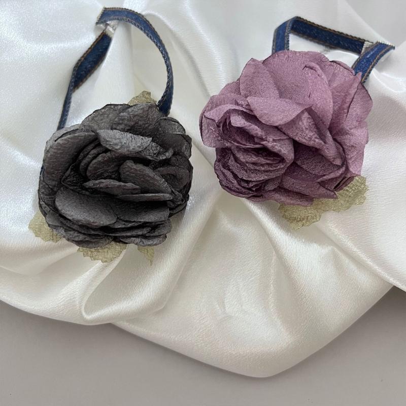 Goth Cloth Big Rose Pendant Choker Blue Rope Necklace for Women Elegant Weave Knotted Bowknot Adjustable Chain Jewelry