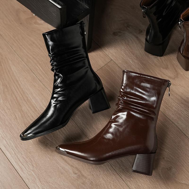 Folded soft leather retro square head high-heeled short boots women's autumn and winter thick heel Martin boots knight boots