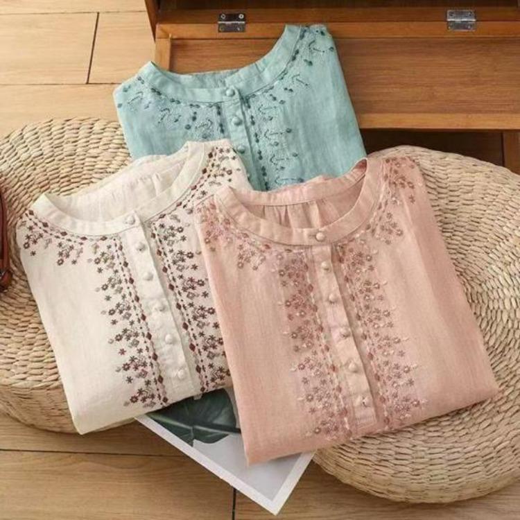 Embroidery Flower Pattern Women Shirt Retro Style Round Neck Pullover Tops 3 4 Sleeve Summer Casual Blouse