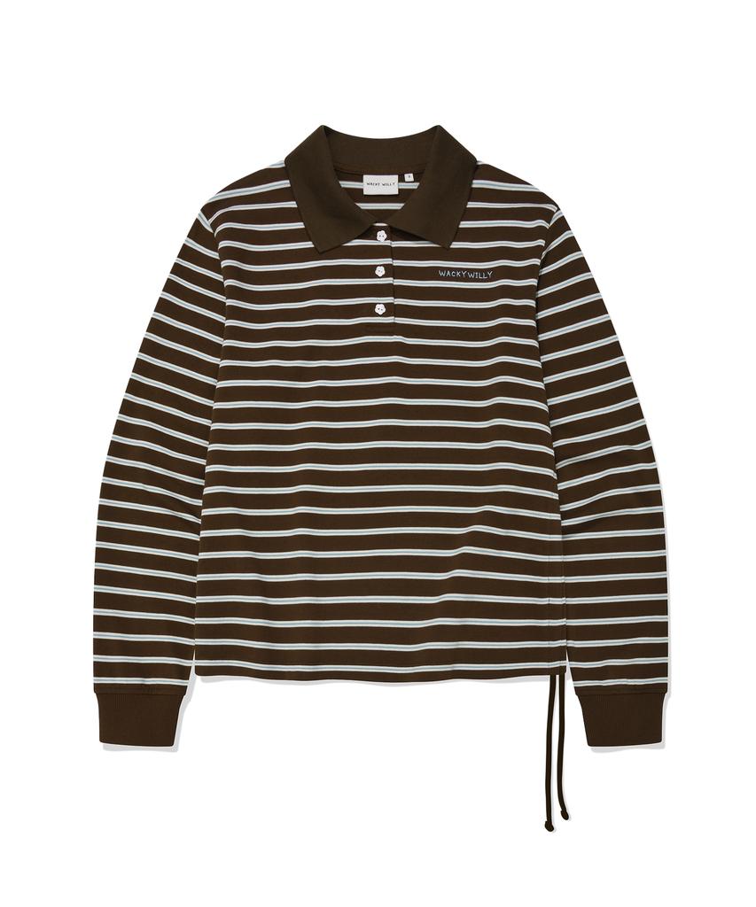 WACKY WILLY Women'S Pinstripe String Rugby Long Sleeve Brown