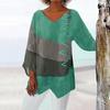 Artistic Printed Loose Long Sleeved V Neck Tshirt with Irregular Hem Top for Women