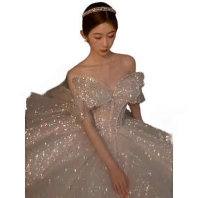 Luxurious Shoulder Wedding Dress with Big Butterfly New Bridal Dress Beaded Shiny Dress