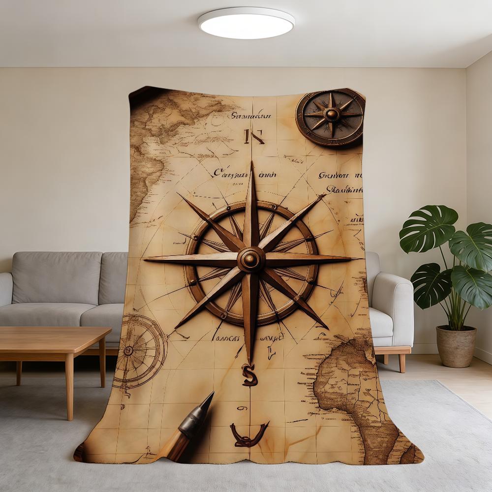 Retro Compass and World Map Blanket Flannel Warm Soft Throw Blanket For Room Sofa Childish Birthday Gifts