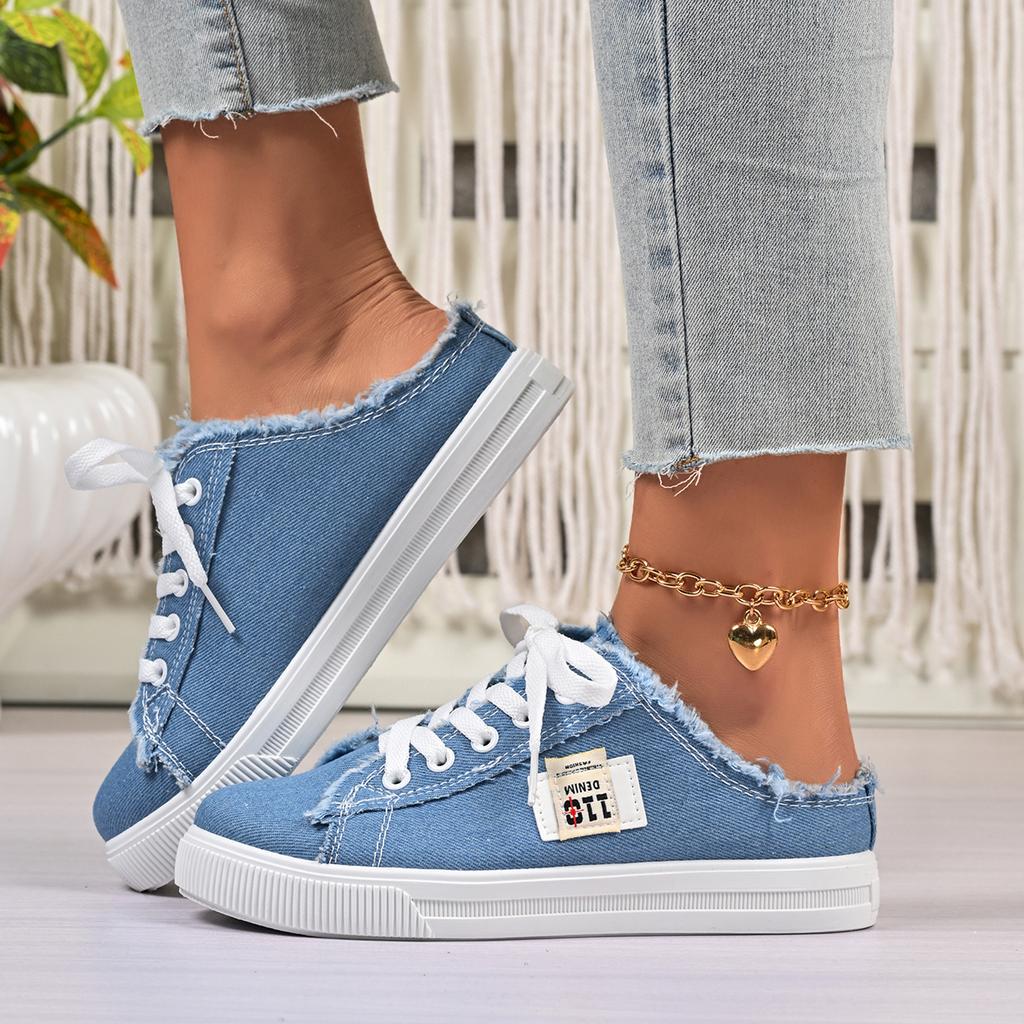 Women Mules Shoes Spring Summer Women Canvas Sneakers Low Top Denim Sneakers Ladies Lace-Up Flat Canvas Board Shoes Female
