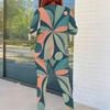 Women Plus Size Two Piece Set Round Neck Long Sleeve Printed Top And Fitted Pants