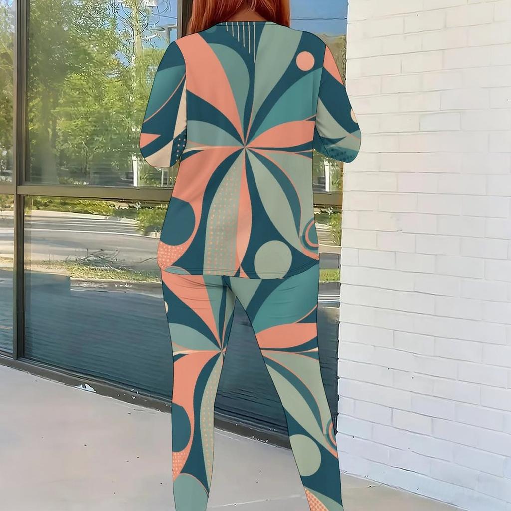 Women Plus Size Two Piece Set Round Neck Long Sleeve Printed Top And Fitted Pants