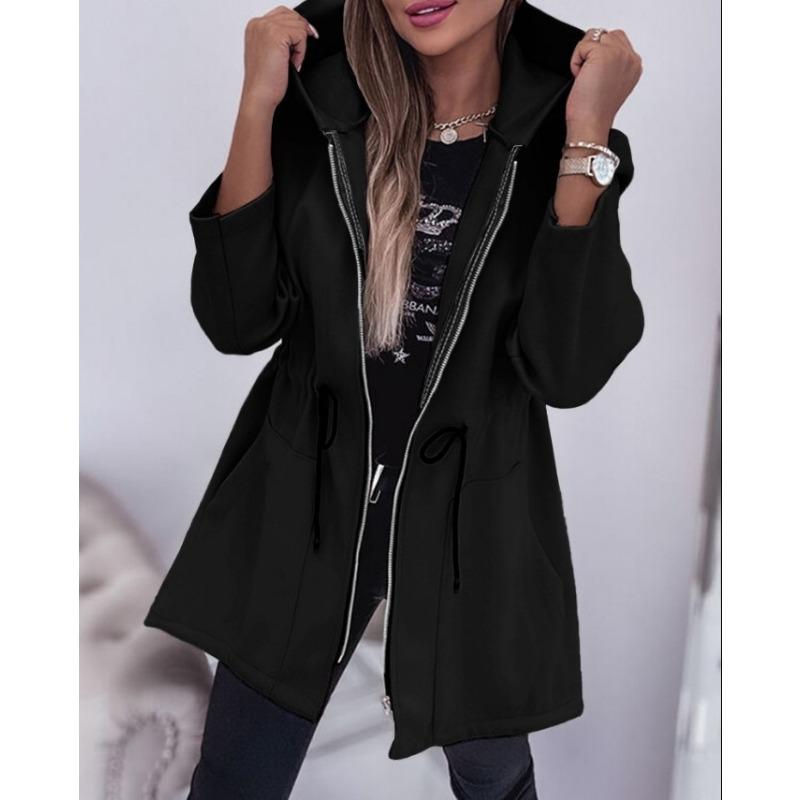 Dames S Capuchon Lange Mouw Tailleband Rits Effen Middellang Casual Jas