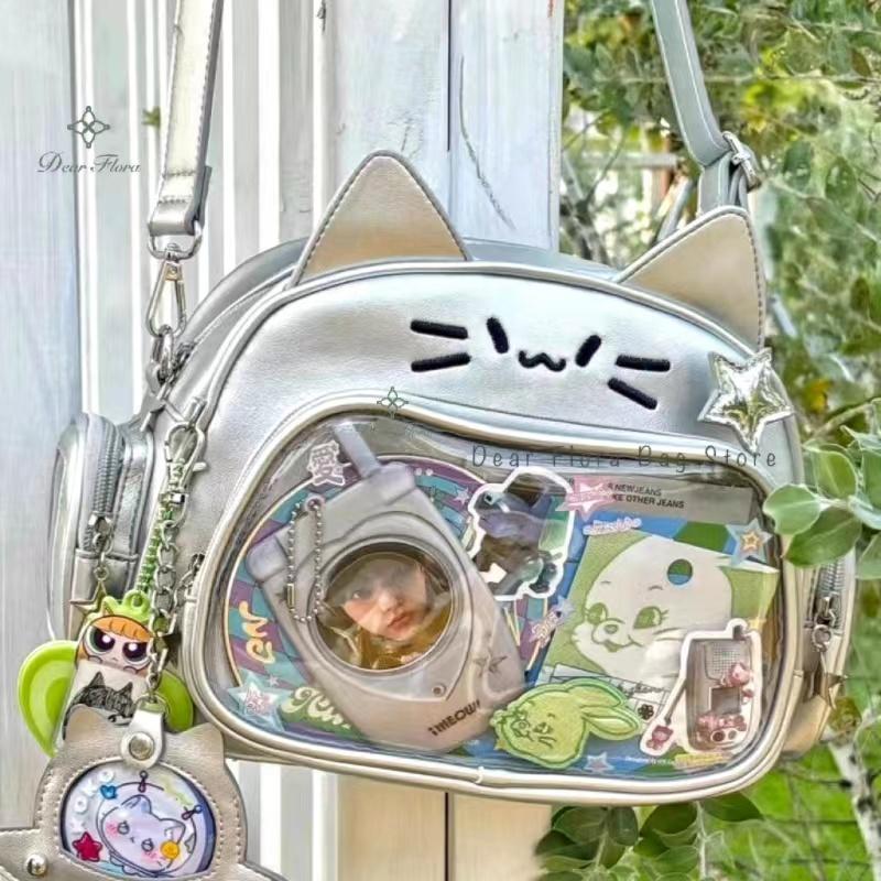 New Korean Kawaii Cat Ita Bag Cute PU Shoulder Bag Girls Transparent Pocket Harajuku Crossbody Bag Women's Fashion Backpacks