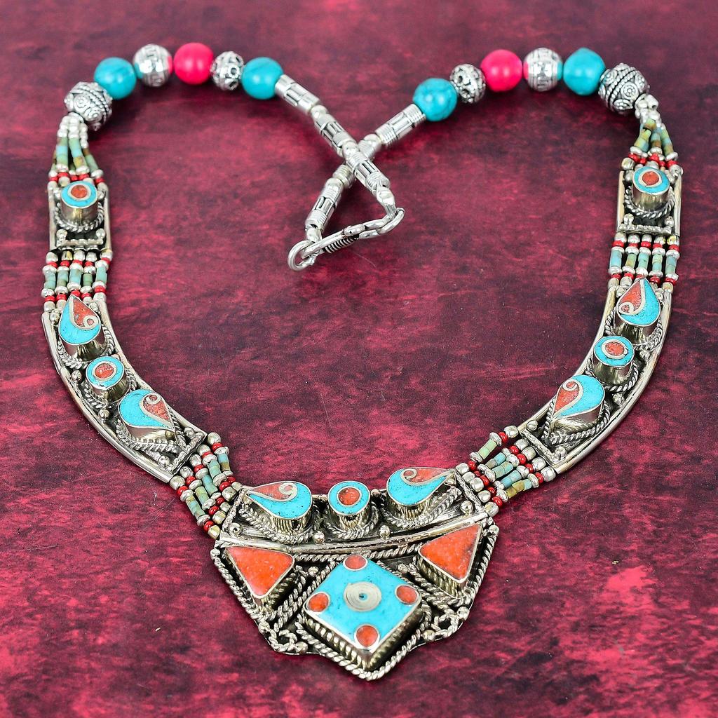 Niebieskie Turkusowe i Koralowe Kolczyki Nepalskie ze Sterlingowego Srebra 925, Ręcznie Robiona Biżuteria z Kamieni Szlachetnych, Prezenty Dla Żony, Zupełnie Nowe Kolczyki