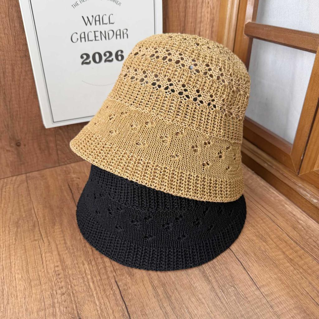 Simple bucket hat hollow knitted hat women's summer big brim showing face small breathable sunscreen basin hat versatile bucket hat