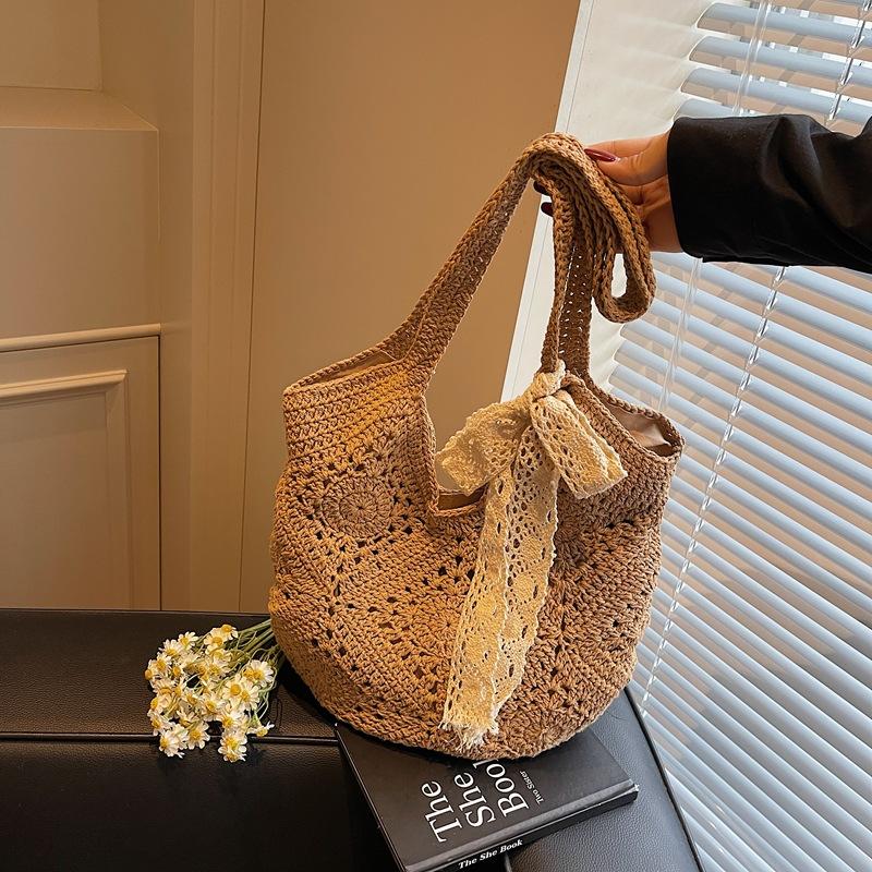 Solid Crochet Tote Handbag Summer Beach Bag Fashion Women's Mesh Woven Shoulder Bags Large Capacity Knitting Underarm Bag
