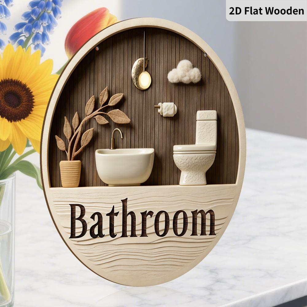 2D Flat Wooden Contemporary Bathroom Sign, 7.87/11.81inch Retro Decorative Hanging Ornament, Home Toilet Wall Art /tabletop Decor