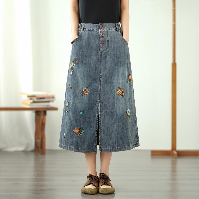Summer Embroidered Flower Semi-elastic Waist Button Denim Skirt