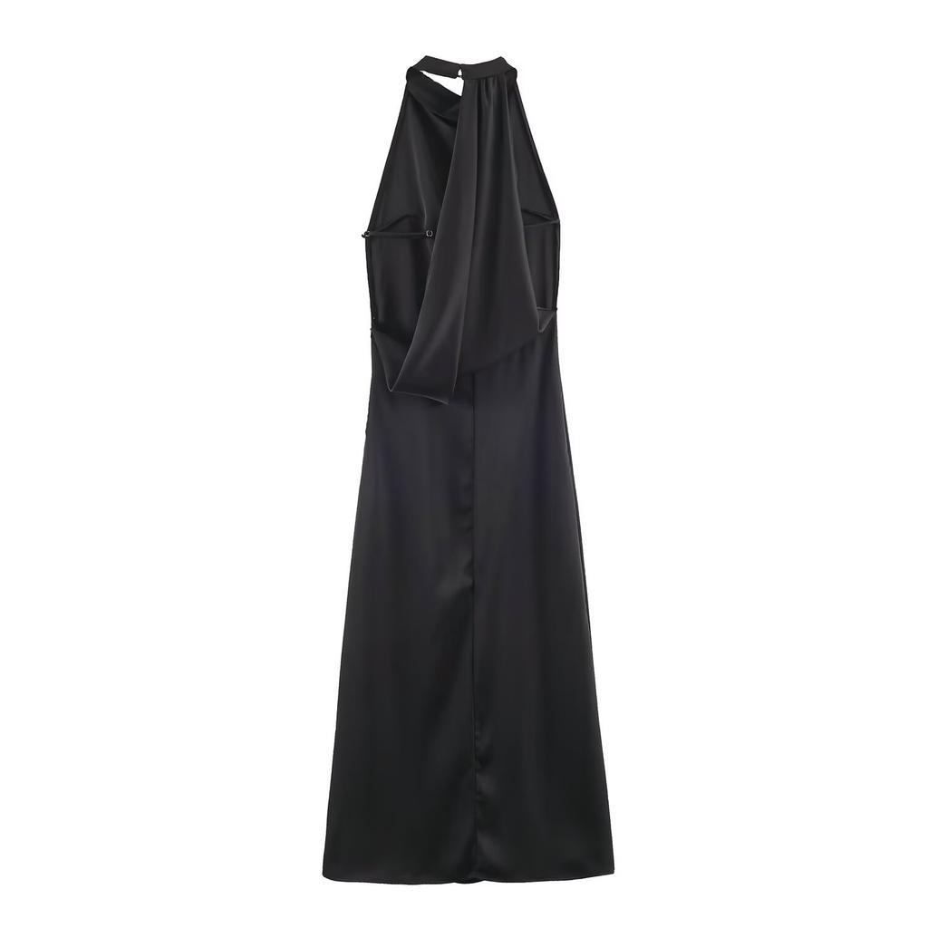 Summer European and American women's clothing yellow neck halter pleated Midi dress