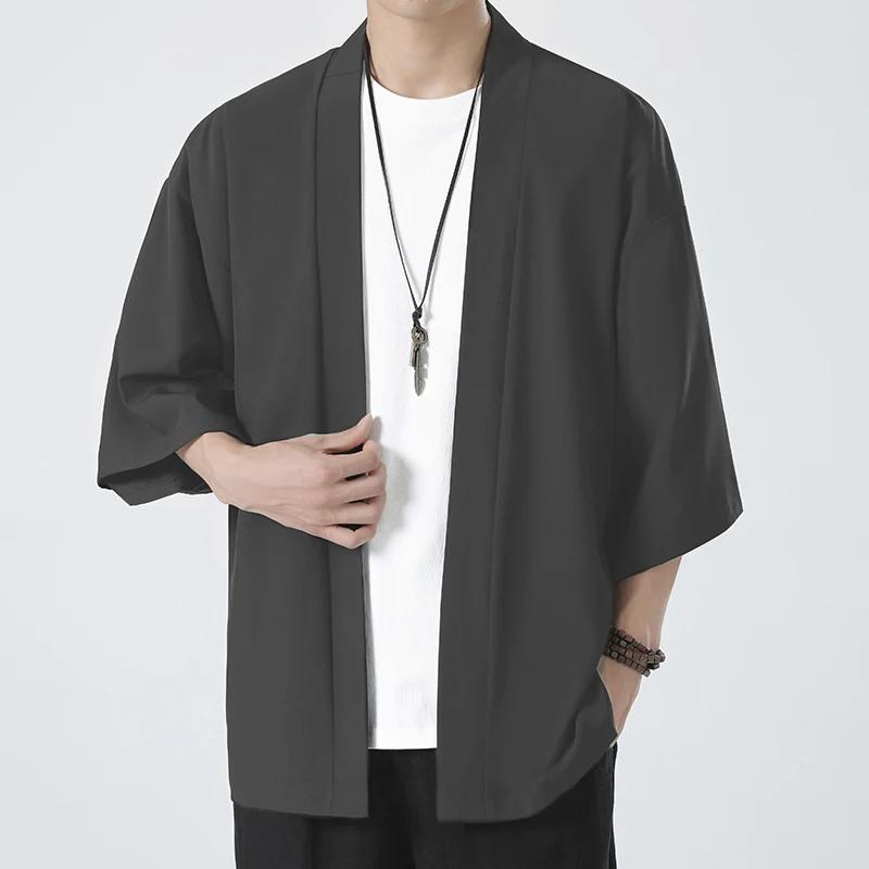 Spring Summer Men's Sun Protection Clothing Japanese Kimono Shirts Casual Open Stitch Lightweight Solid Three Quarter Loose Couple Shirts M-5XL
