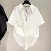 Women's Oversized White Shirt Asymmetrical Hem V-Neck with Pocket Plus Size Casual Blouse