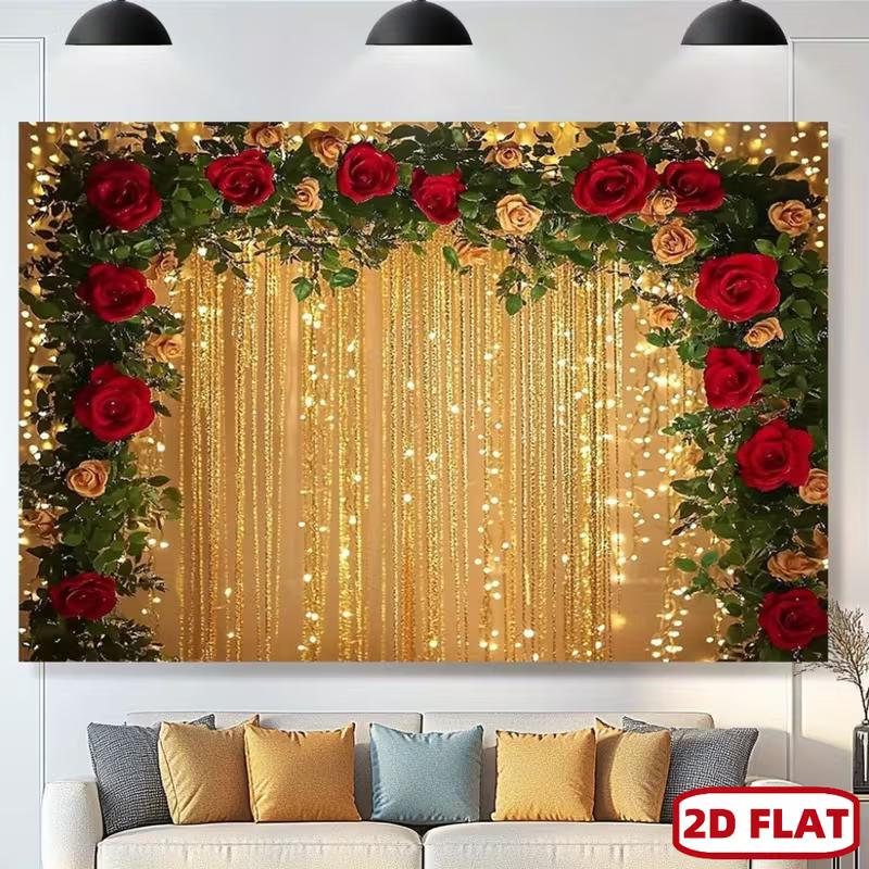 Fundo de Rosa Vermelha e Dourada Elegante 2D, Banner de Impressão Plana 2D para Chá de Panela & Sessão de Fotos