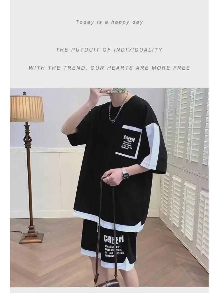 Trendy Korean Hip-Hop Men's Summer Waffle Print Five-Point Sleeve Top