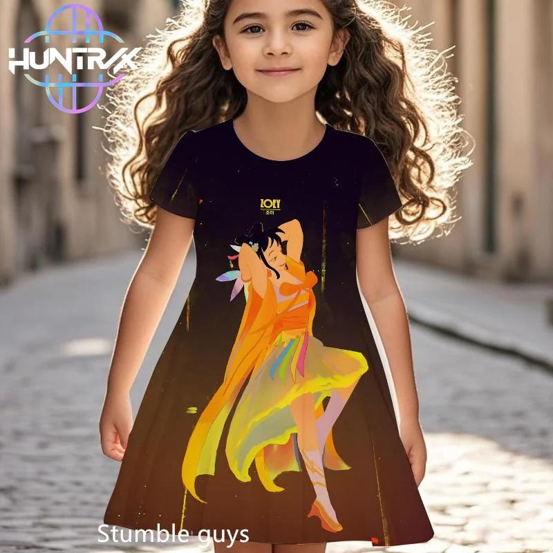 Kpop Demon Hunters Anime Girls Dress Breathable Summer Kids Cartoon Short Sleeve Beach Sundress Casual Nightgown