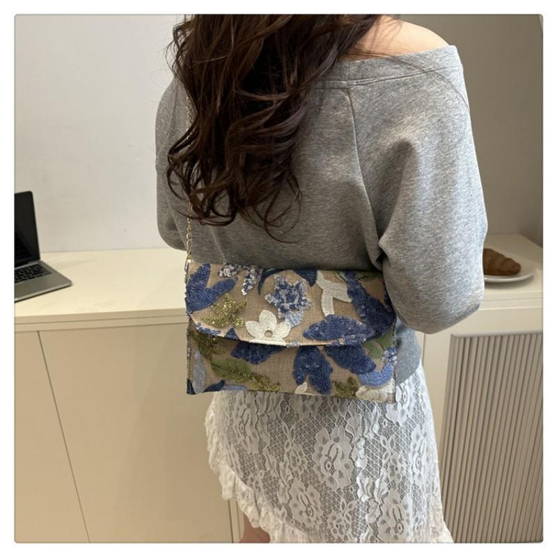 Straw Woven Bag Women's Detachable Chain Crossbody Shoulder Bag Chinese Style Handbag Sequin Floral Envelope Bag