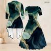 Women Plus Size Two Piece Outfit Square Neck Short Sleeve Tie Waist Flared Dress 3 4 Sleeve Open Cardigan Colorful Printed