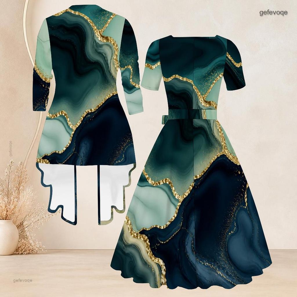 Women Plus Size Two Piece Outfit Square Neck Short Sleeve Tie Waist Flared Dress 3 4 Sleeve Open Cardigan Colorful Printed