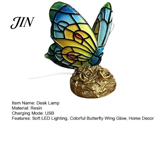 Study Desk Atmosphere Light Cute Bedside Table Lamp, Butterfly Rose Nightstand Lamps, Stained Glass Eye Protection Lamp Wing Shade, Bedroom Decor Home