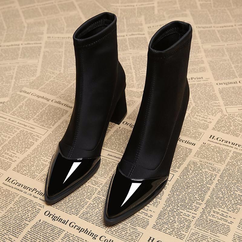 Autumn Winter Splicing Pointed Toe Zipper Women Ankle Boots Shoes Square Heels Short Booties