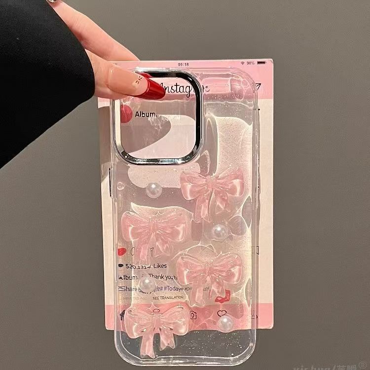 Pink Pearl Bow Is Suitable for Apple 16promax Mobile Phone Case iPhone15/14pro Anti-drop 13 Girls.