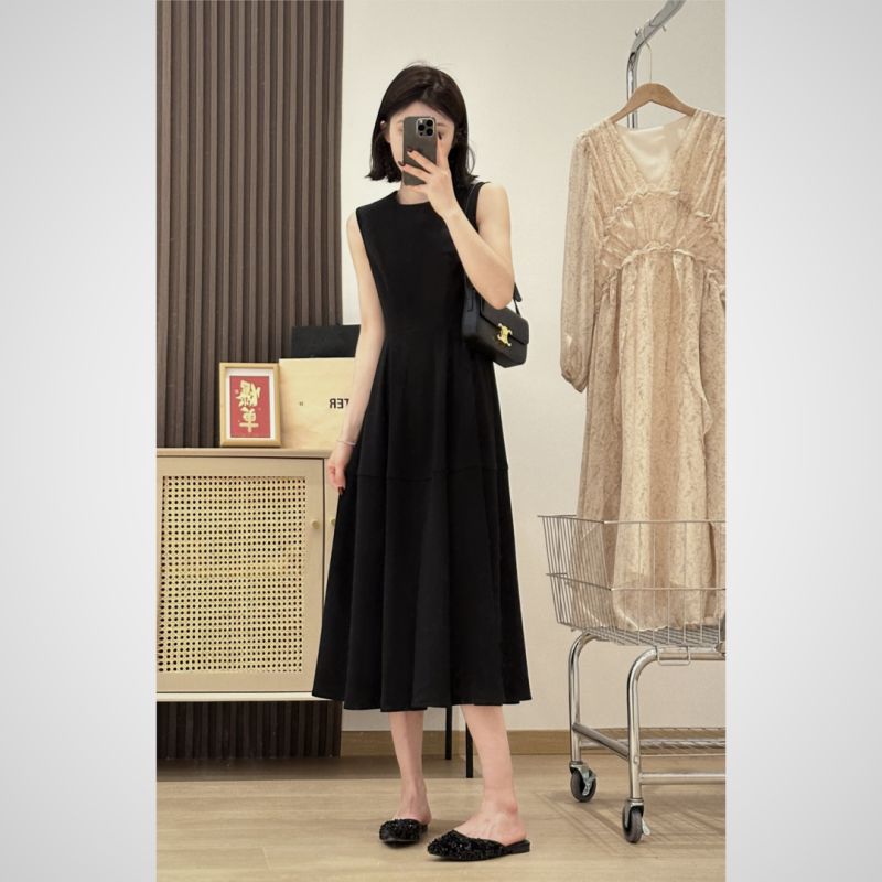 round Neck Chubby Girl Hepburn Style Waist Black Dress Vest Black M