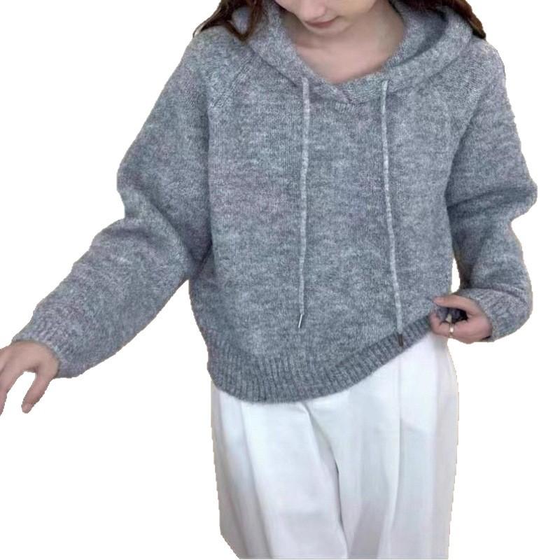 Korean Design Sense Drawstring Hooded Sweater Women's Autumn and Winter New Solid Color Versatile Casual and Thin Pullover Knitted Sweater Women