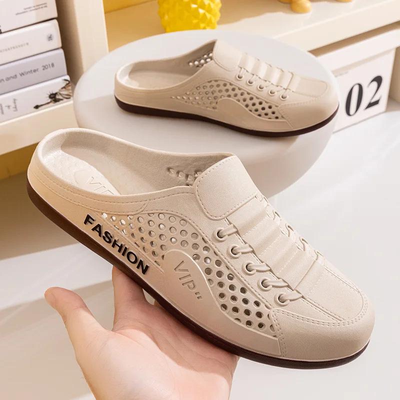 

Men s Beach Sandals Breathable Slip-On PVC Material Comfortable Outdoor Wear Anti-Slip TPR Sole Fashionable Lazy Style Shoes 38-39 хакі