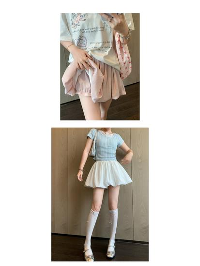 Red Petite Puffy Short Skirt: Spring/Summer Floral Puff Skirt with Pumpkin Pants Style