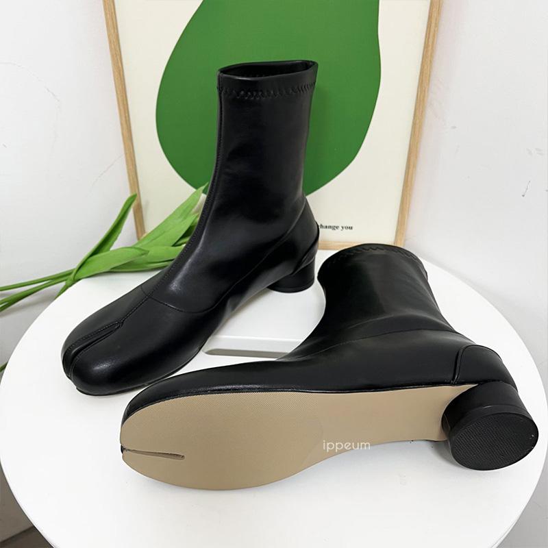 IPPEUM Damskie Botki Buty z Dzielonym Palcem Czarna Skóra PU Okrągły Obcas 3 CM 2024 Nowe Duże Rozmiary 43 Jesień Zima Botki