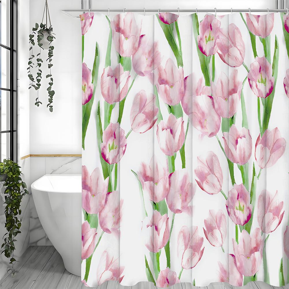 Różowa Zasłona Prysznicowa Tulipany, Dekoracyjna Zasłona Prysznicowa do Łazienki, Wodoodporna Zasłona Prysznicowa z Haczykami