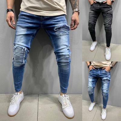 Men Striped Zipper Denim Hole  Vintage Wash Hip Hop Work Trousers Jeans Pants