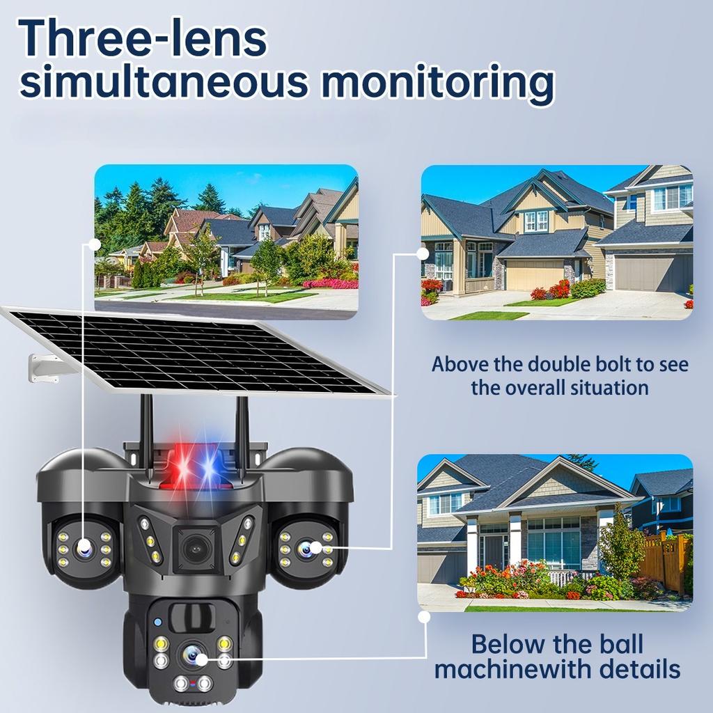 Kamera solarna OKAM PRO z trzema obiektywami 15MP HD 4G SIM CCTV IP66 Wodoodporna Dwukierunkowy dźwięk PTZ Śledzenie ruchu Kamera zewnętrzna z alarmem świetlnym