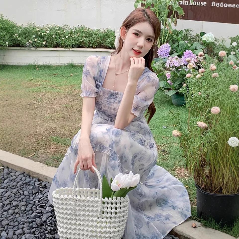 New floral new French retro waist dress women's autumn thin long dress super fairy skirt