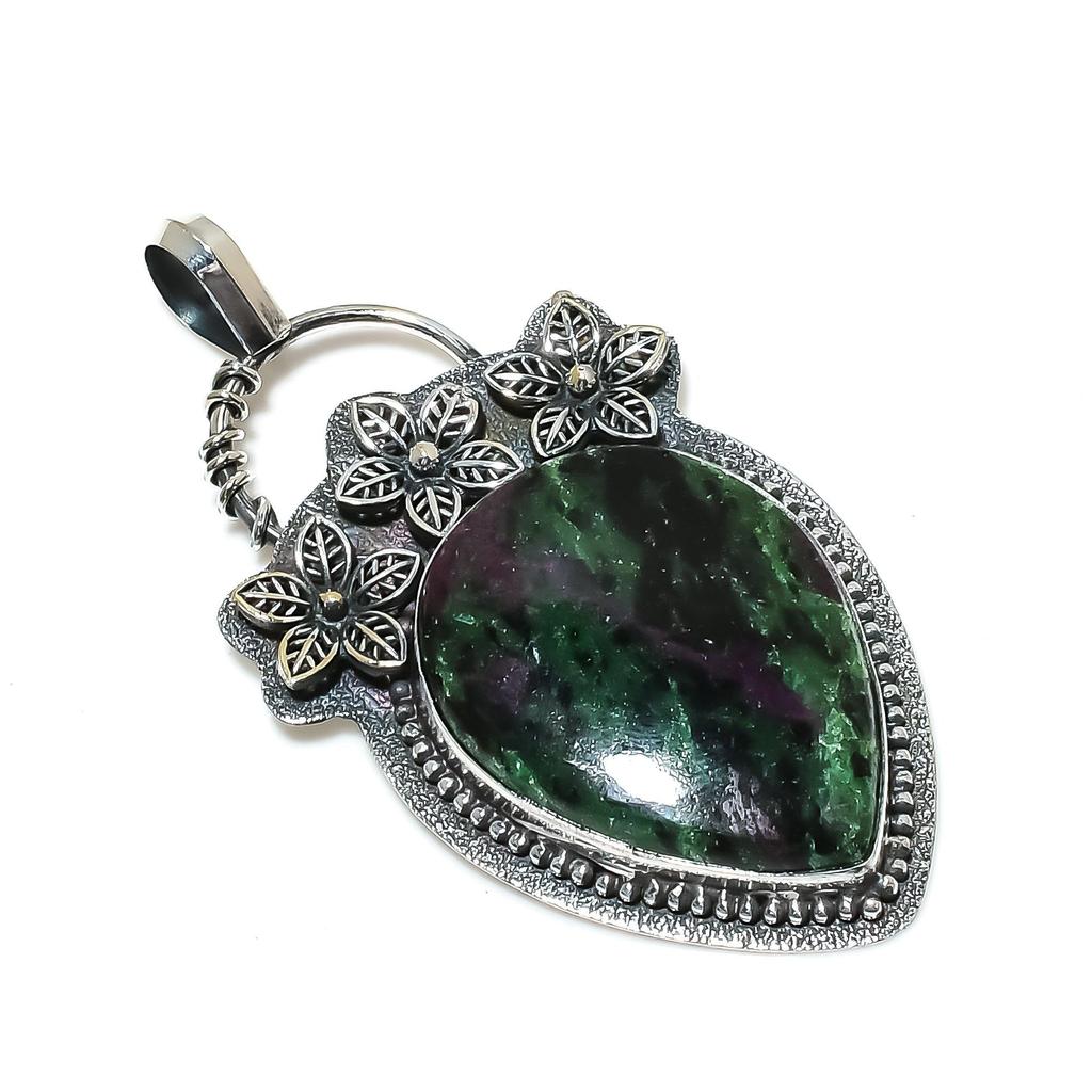 Beautiful Ruby Zoisite Gemstone Silver Pendant In 925 Sterling Silver- Handmade Flower Design, Everyday Wear Jewelry, Unique Pendant Easter Gift