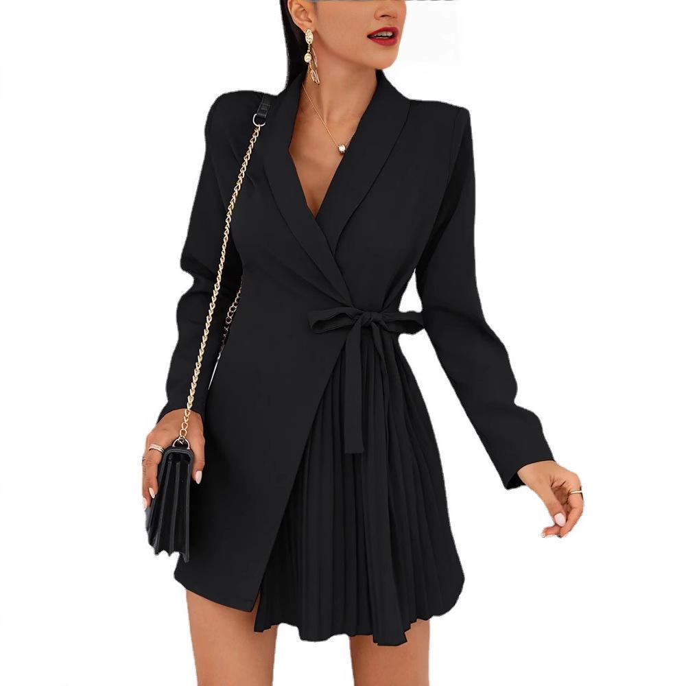 Damen Unifarben Reverskragen Langarm Bodycon Kleid Elegant Büro Arbeitskleidung Minikleid
